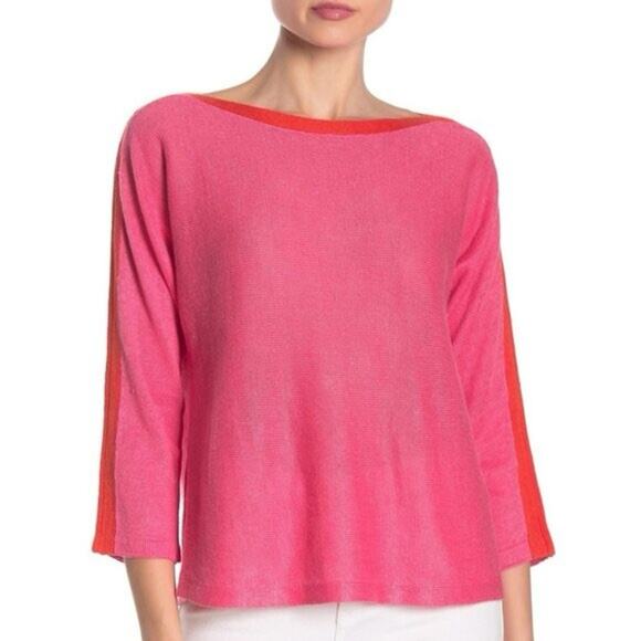 Eileen Fisher Pink Bateau Neck Organic Linen Sweater CHRLN Pink and Red Large - Picture 2 of 9